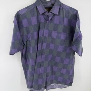 Peter B Mens L Purple Grey Buffalo Checkered Short Sleeve Button Down Shirt VTG